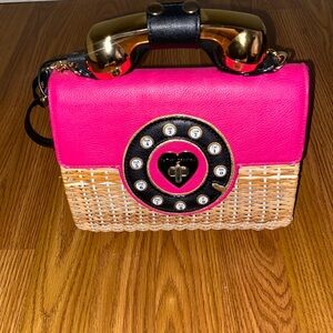 Betsey Johnson Wicker Phone Purse Bag Call Me Pink